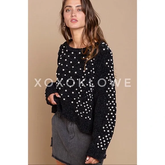 POL Pearl Beaded Black Velvet Chenille Sweater Relaxed Fit - Picture 10 of 13
